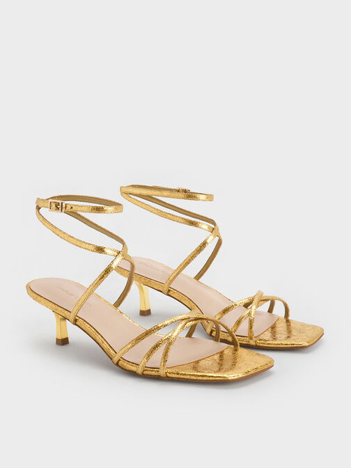 Metallic Crinkle-Effect Strappy Ankle-Strap Kitten-Heel Sandals, Gold, hi-res