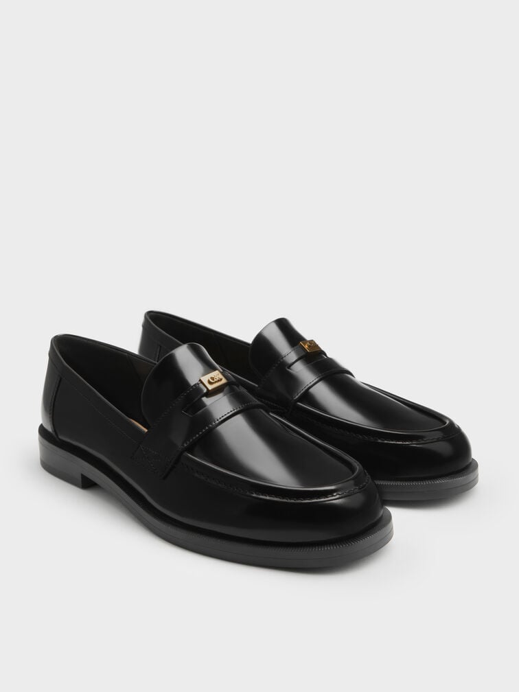Georgina Leather Metallic-Accent Penny Loafers, Black Box, hi-res