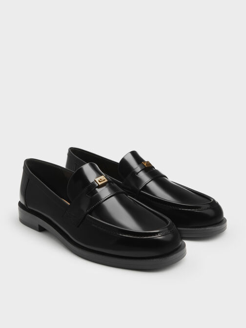 Georgina Leather Metallic-Accent Penny Loafers, Black Box, hi-res