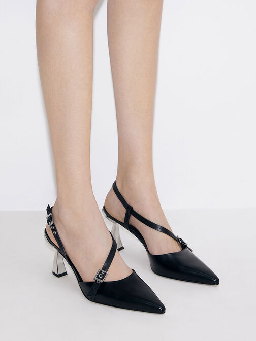 Asymmetric Curved Heel Slingback Pumps, Black, hi-res