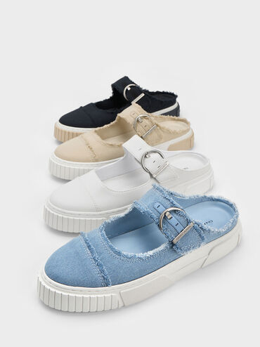 Denim Buckled Slip-On Sneakers, Beige, hi-res