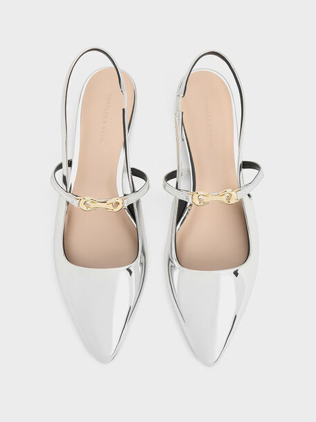 Trifina Metallic-Accent Pointed-Toe Slingback Flats, Silver, hi-res