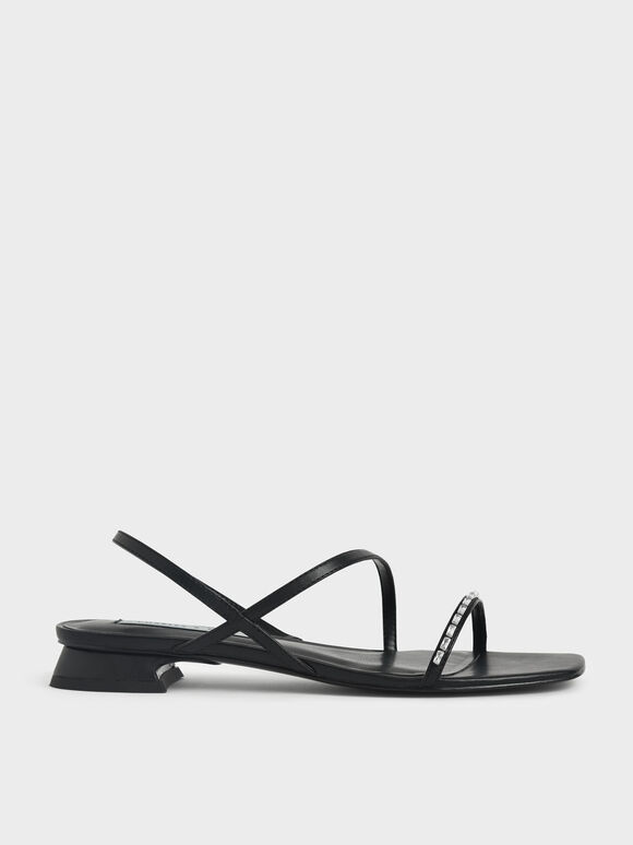 Gem-Embellished Strappy Sandals, Black, hi-res