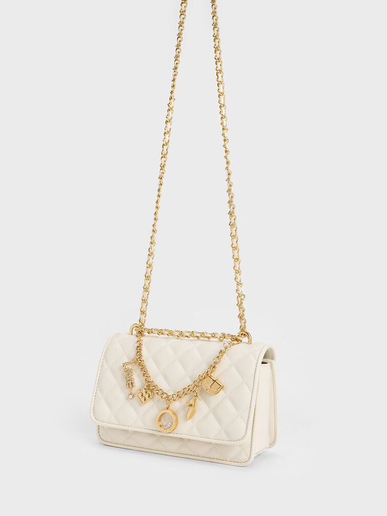 Charm-Embellished Quilted Clutch, Cream, hi-res