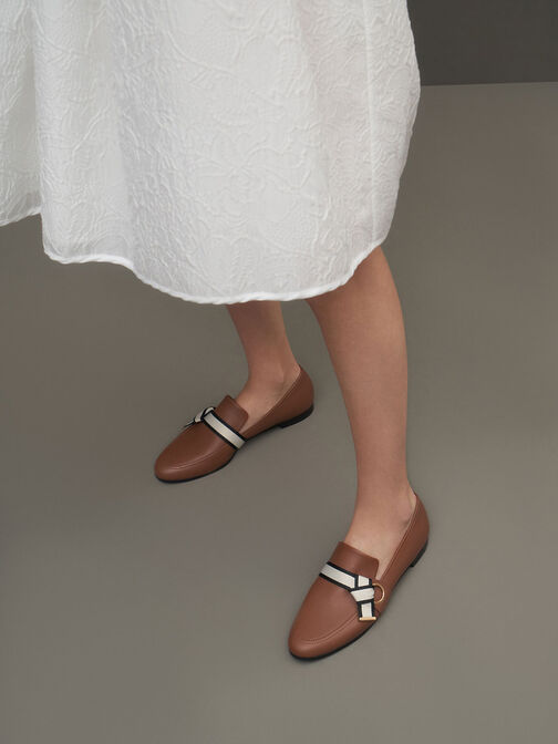 Fabric Knot Penny Loafers, Brown, hi-res