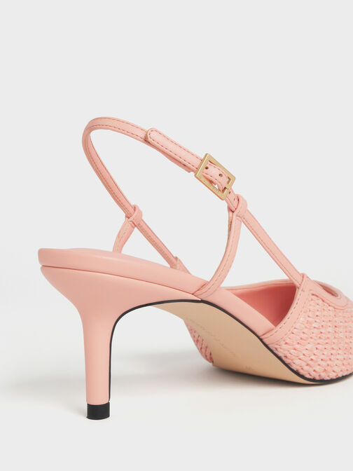 Raffia Pointed-Toe Slingback Pumps, Peach, hi-res