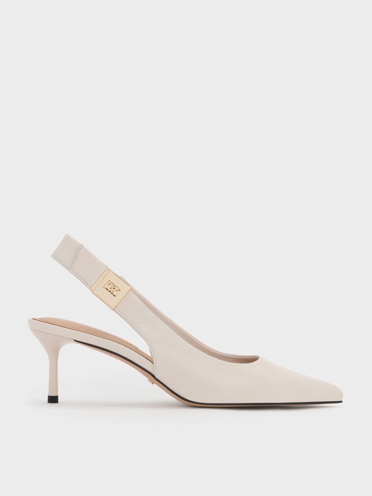 Cody Leather Pointed-Toe Kitten-Heel Slingback Pumps, Chalk, hi-res