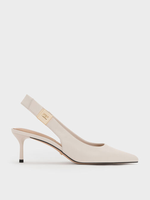 Cody Leather Pointed-Toe Kitten-Heel Slingback Pumps, Chalk, hi-res