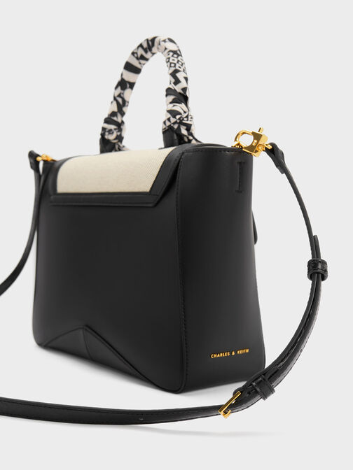 Arley Canvas Scarf-Wrapped Top Handle Bag, Black Textured, hi-res