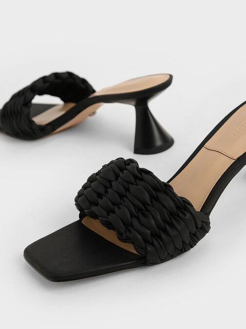 Pleated Sculptural Heel Sandals, Black, hi-res