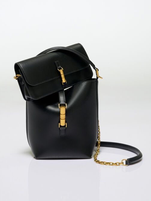 Cesia Metallic-Accent Bucket Bag, Black, hi-res