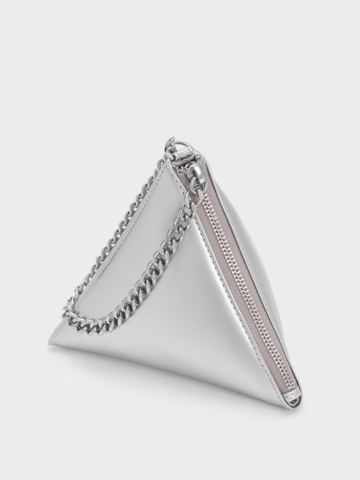 Chain Handle Pyramid Clutch, Silver, hi-res