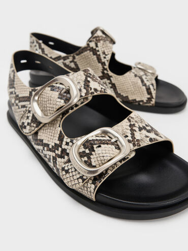 Snake-Print Buckled Double-Strap Slingback Sandals, Animal Print Natural, hi-res