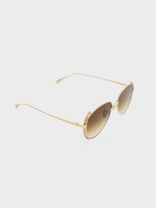 Gem-Embellished Wireframe Aviator Sunglasses, White, hi-res