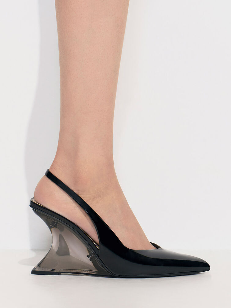 Patent Sculptural Slingback Wedges, Black Patent, hi-res