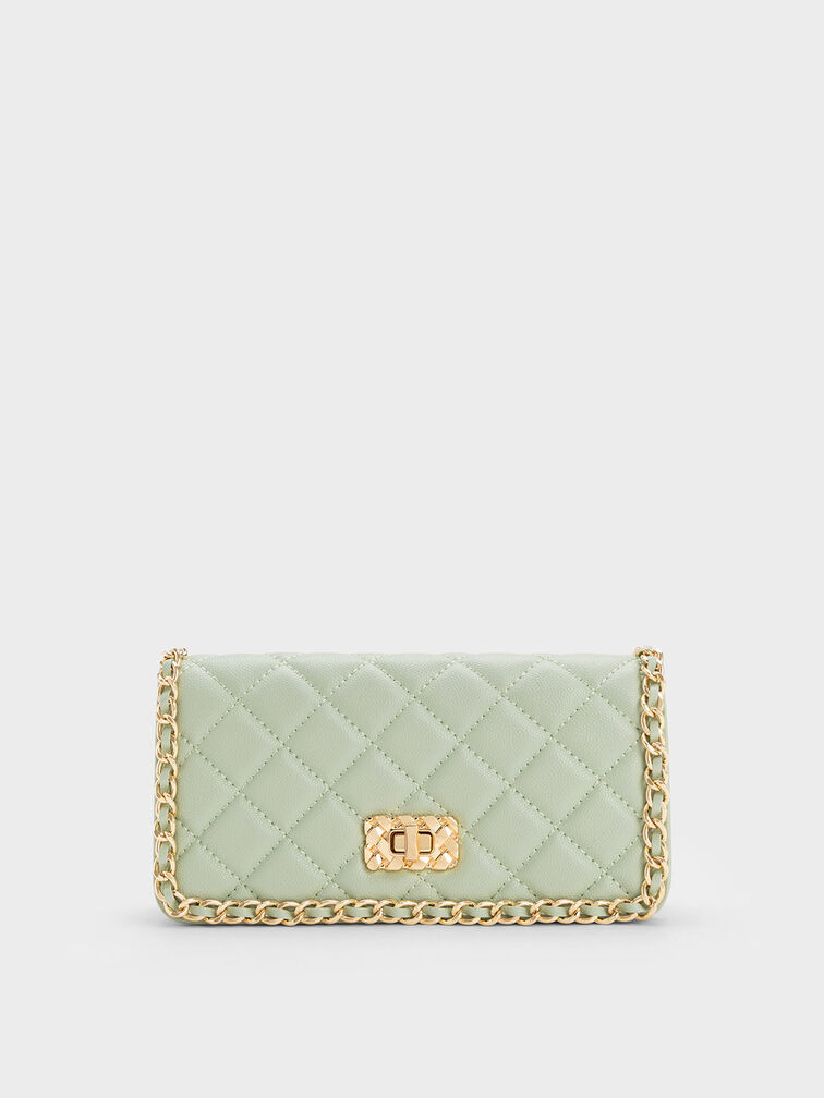 Micaela Quilted Long Wallet, Green, hi-res