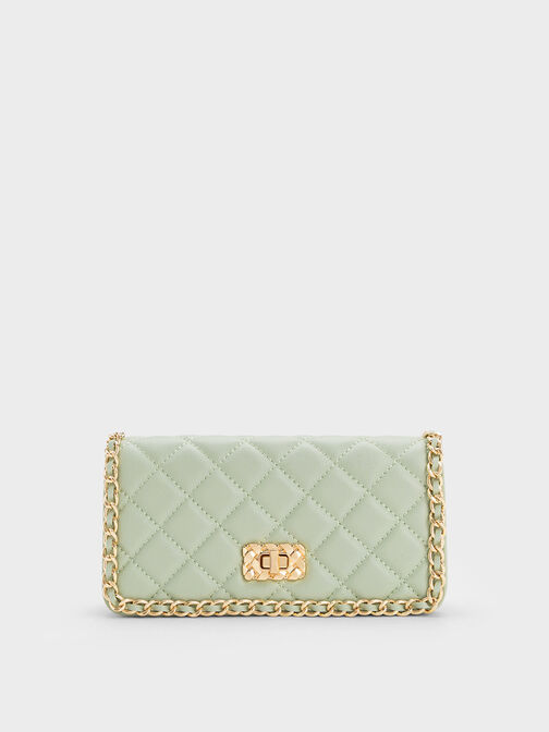 Micaela Quilted Long Wallet, Green, hi-res