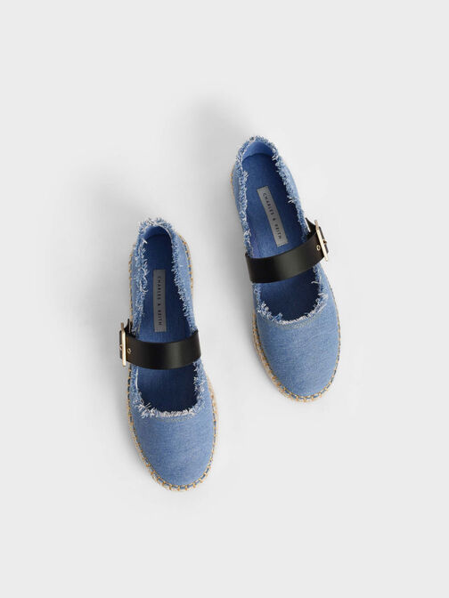 草編方釦瑪莉珍鞋, 藍色, hi-res