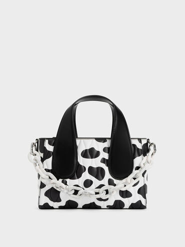 Bolso tote texturizado con estampado de vaca Iva, Blanco tiza, hi-res