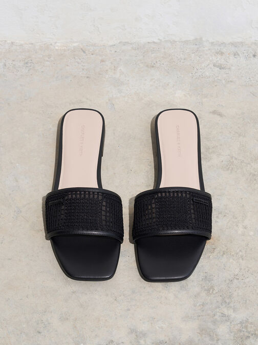 Mesh Knitted Slide Sandals, Black Textured, hi-res