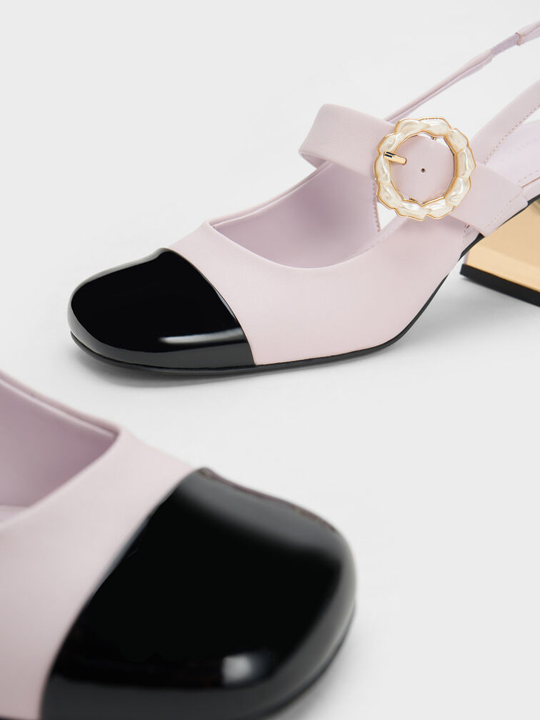 Patent Two-Tone Pearl Buckle Slingback Pumps, Lilac, hi-res
