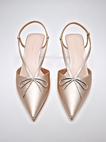 Crystal-Bow Kitten-Heel Slingback Pumps, Nude, hi-res