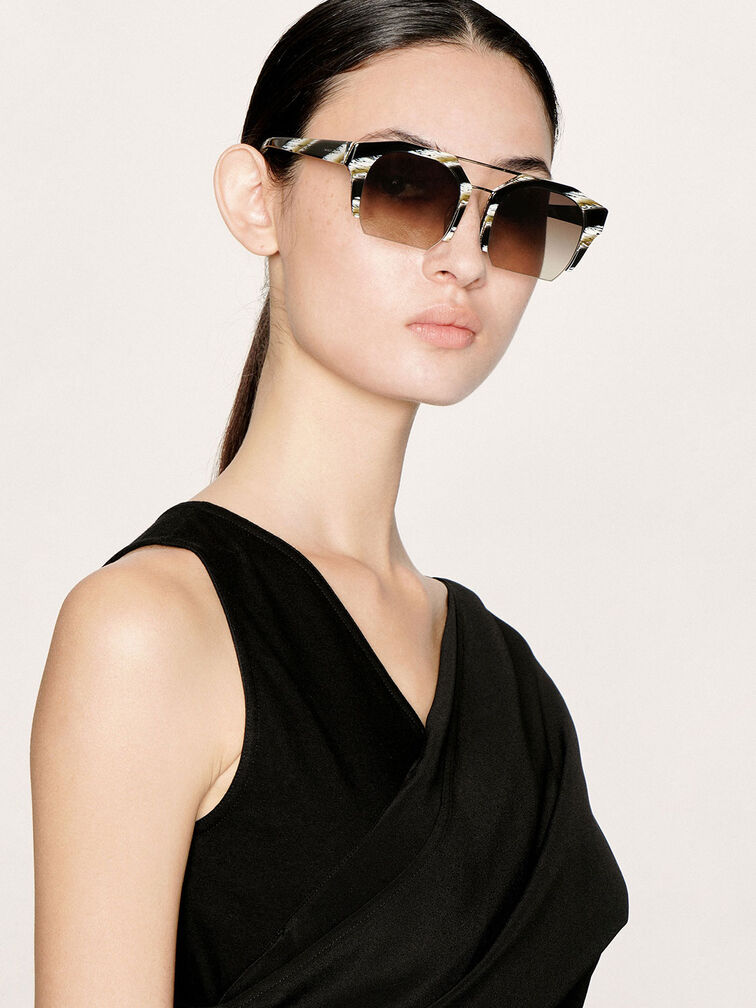 Striped Cut-Off Frame Geometric Sunglasses, Multi, hi-res