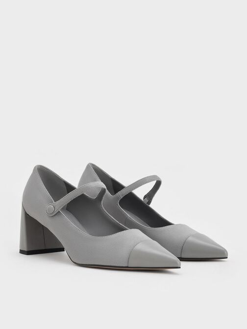 Faux Suede Cap-Toe Pointed Mary Jane Pumps, Grey, hi-res