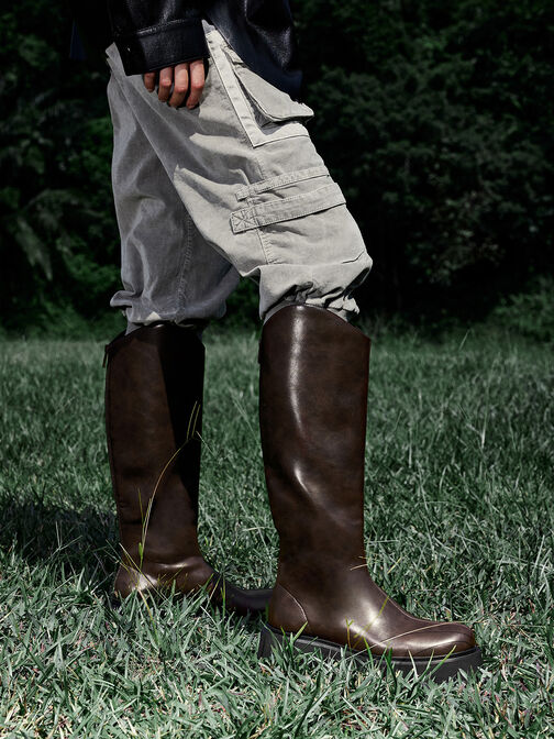 Cowboy Platform Knee-High Boots, Dark Brown, hi-res