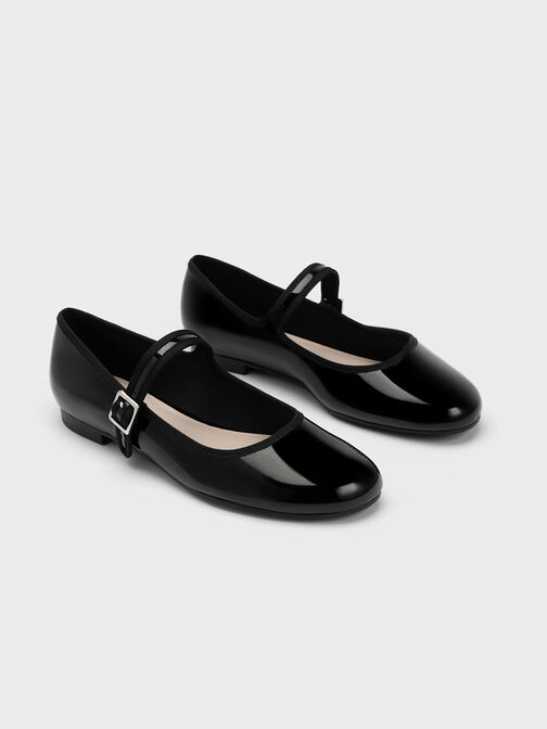 Patent Buckled Mary Jane Flats, Black, hi-res