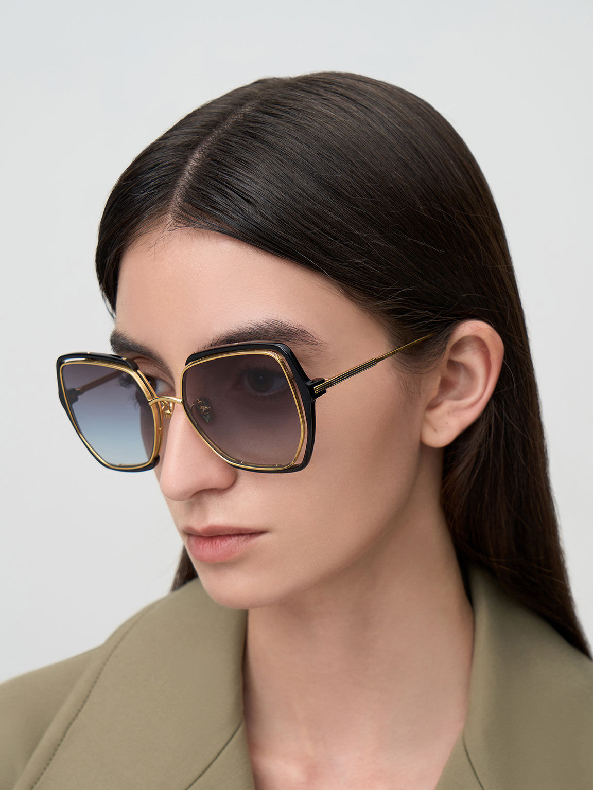 Recycled Acetate Wire-Frame Butterfly Sunglasses, Black, hi-res