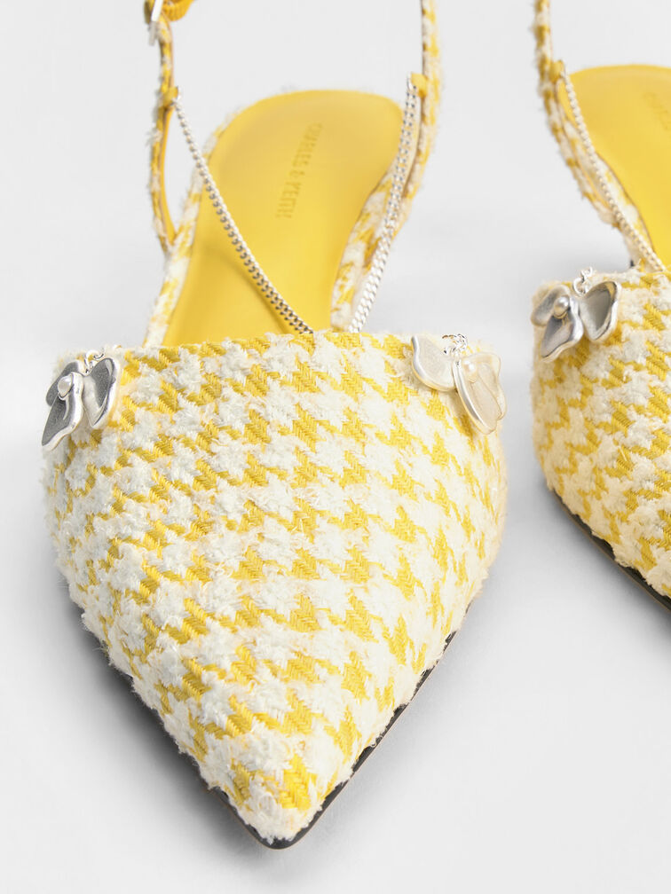 Houndstooth Flower-Accent Chain-Link Kitten-Heel Pumps, Yellow, hi-res