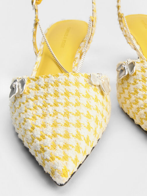 Houndstooth Flower-Accent Chain-Link Kitten-Heel Pumps, Yellow, hi-res