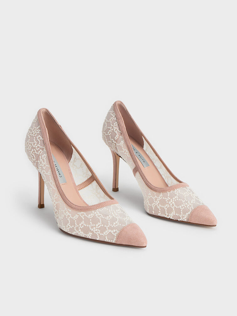 Bead-Embellished Mesh Pumps, Nude, hi-res