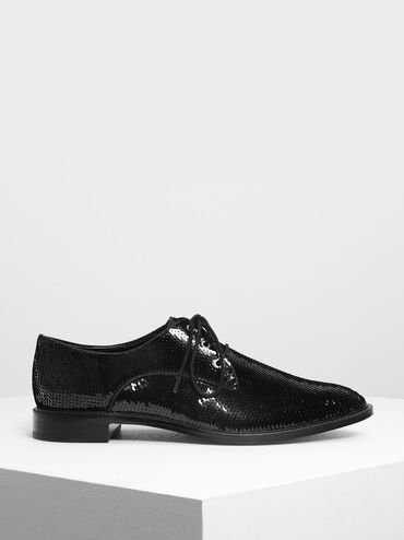 Sequin Derby Shoes, Black, hi-res