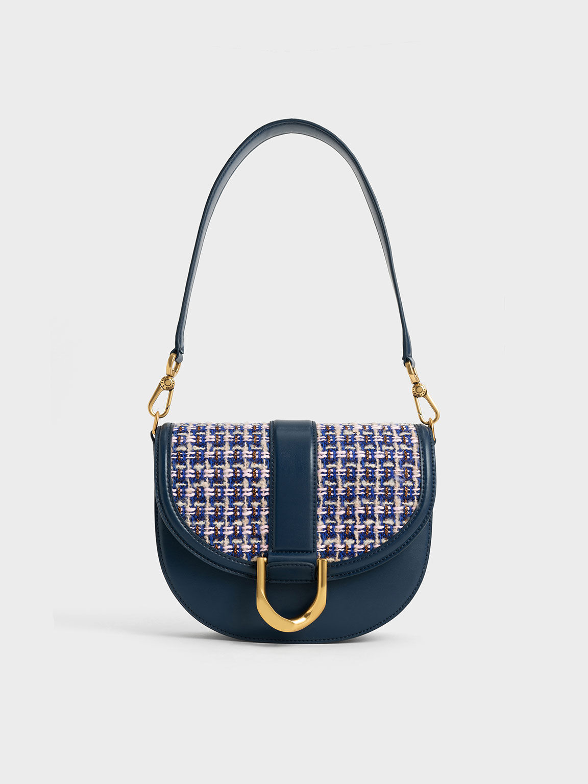 Navy Gabine Tweed Saddle Bag - CHARLES & KEITH US