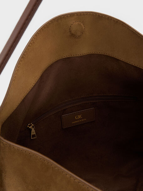 Large Leather & Suede Top-Flap Hobo Bag, Brown, hi-res