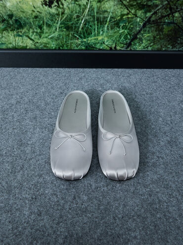 Satin Bow Flat Mules, Silver, hi-res