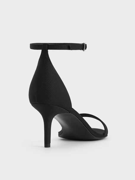 Grosgrain Stiletto-Heel Ankle-Strap Sandals, Black Textured, hi-res
