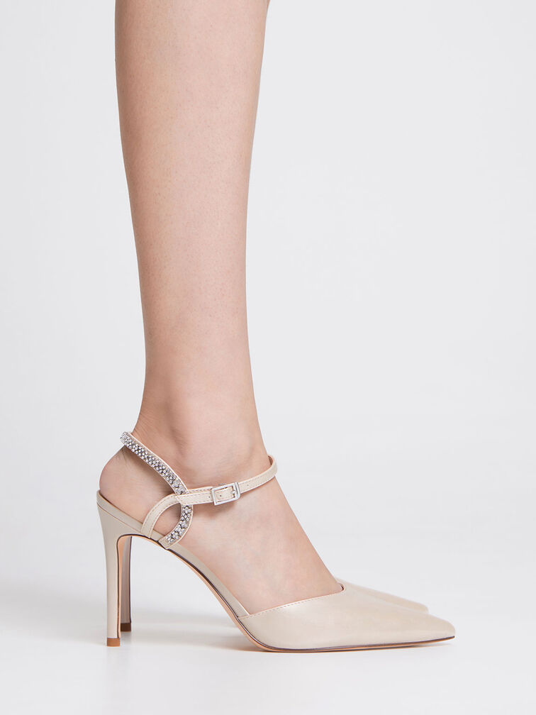 Embellished Back Strap Court Shoes, Nude, hi-res