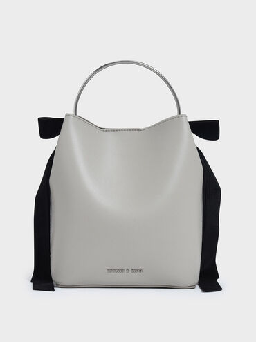 Velvet Bow Detail Bucket Bag, Grey, hi-res