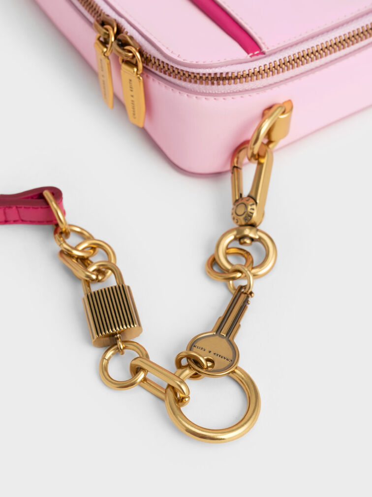 Lock & Key Chain Handle Bag, Pink, hi-res