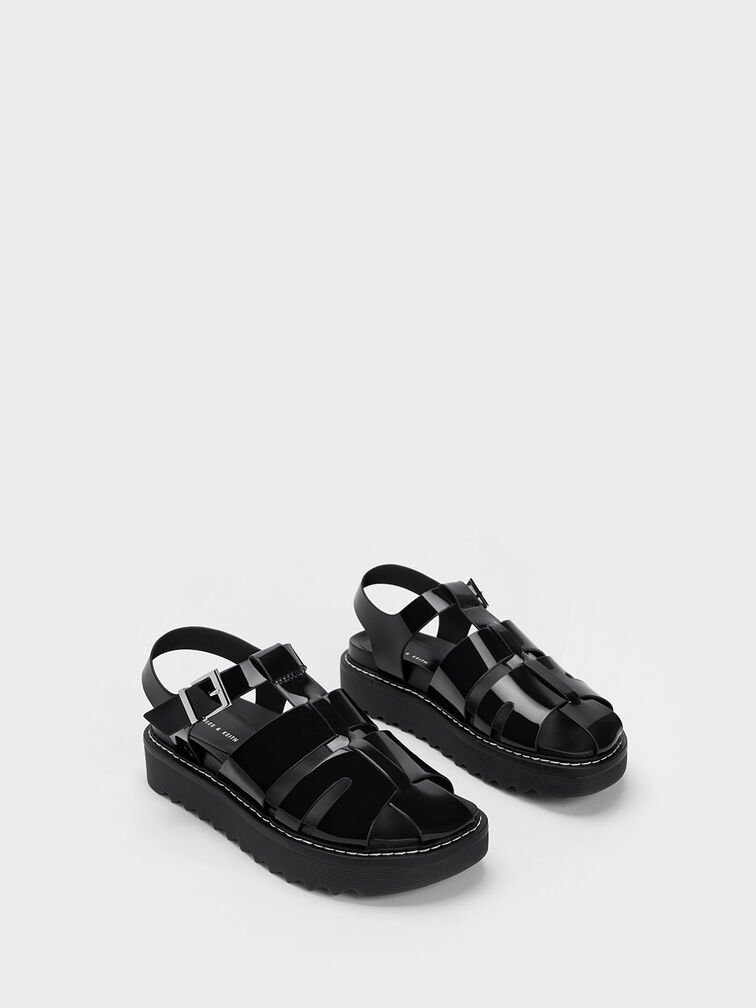Patent Caged Buckled Sandals, Black Patent, hi-res