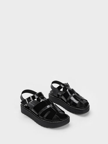 Patent Caged Buckled Sandals, Black Patent, hi-res