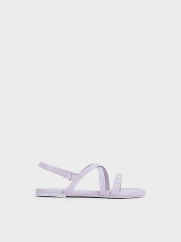 Girls' Flower-Beaded Strappy Sandals, Lilac, hi-res