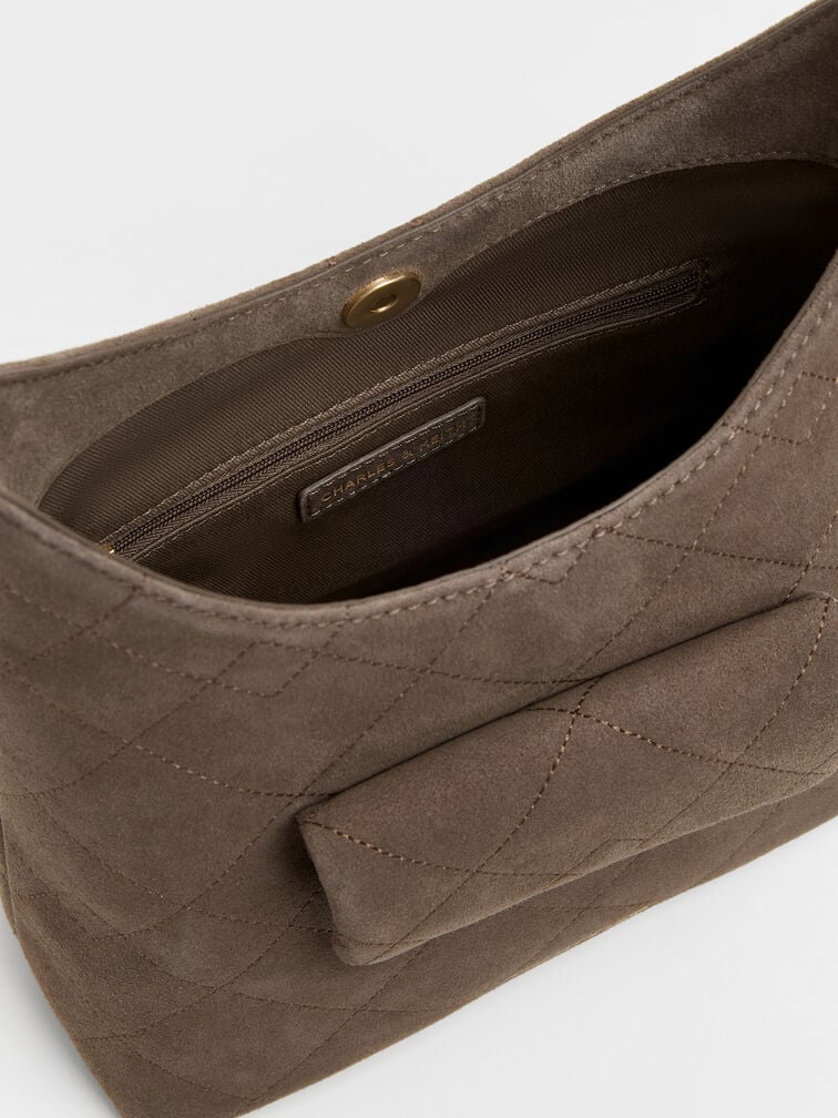 Bolso hobo Duo acolchado con cadena y bolsillo frontal, Stone Grey, hi-res
