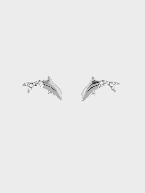 Pendientes cortos Oceana de delfín con cristal, Plateado, hi-res