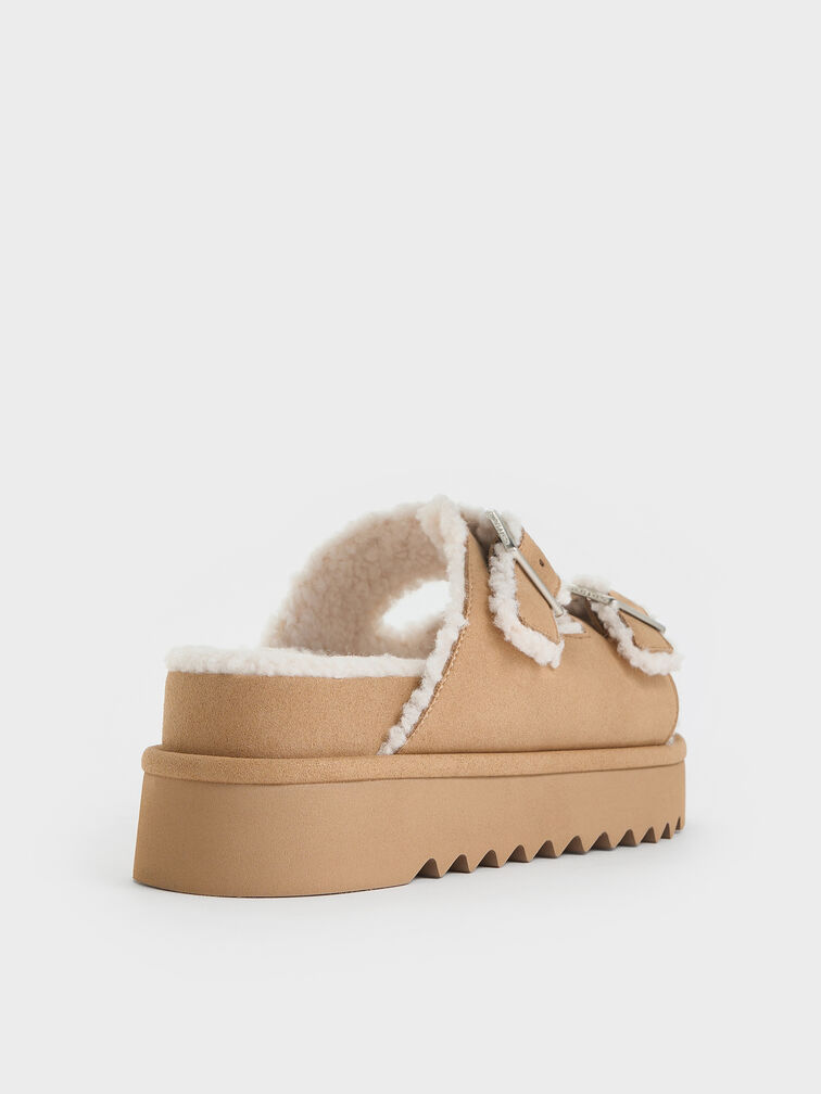 Textured Faux-Shearling Platform Sandals, Beige, hi-res