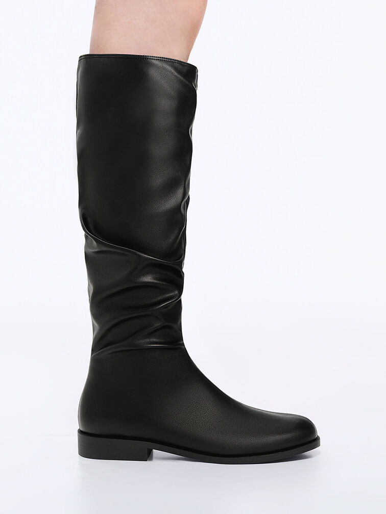 Ruched Knee-High Boots - Black