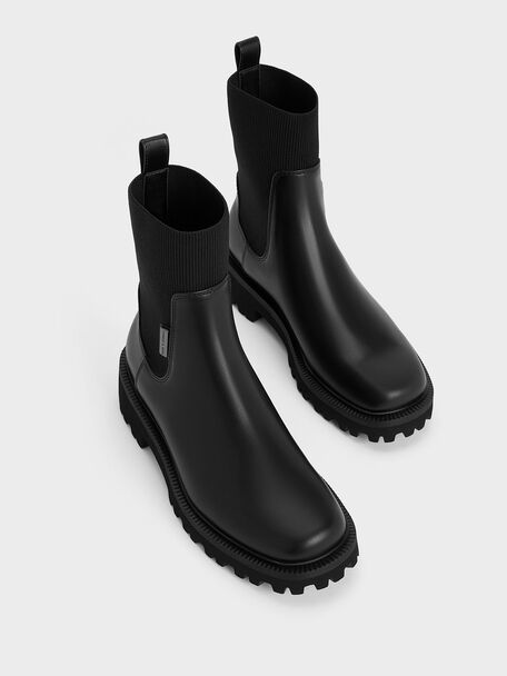 Knitted Sock Ridge-Sole Chelsea Boots, Black, hi-res